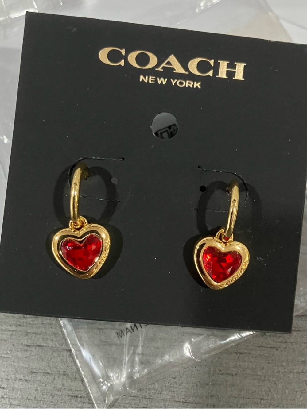 COACH Gold Tone Heart Drop Earrings with Red Stones - Picture 2 of 4